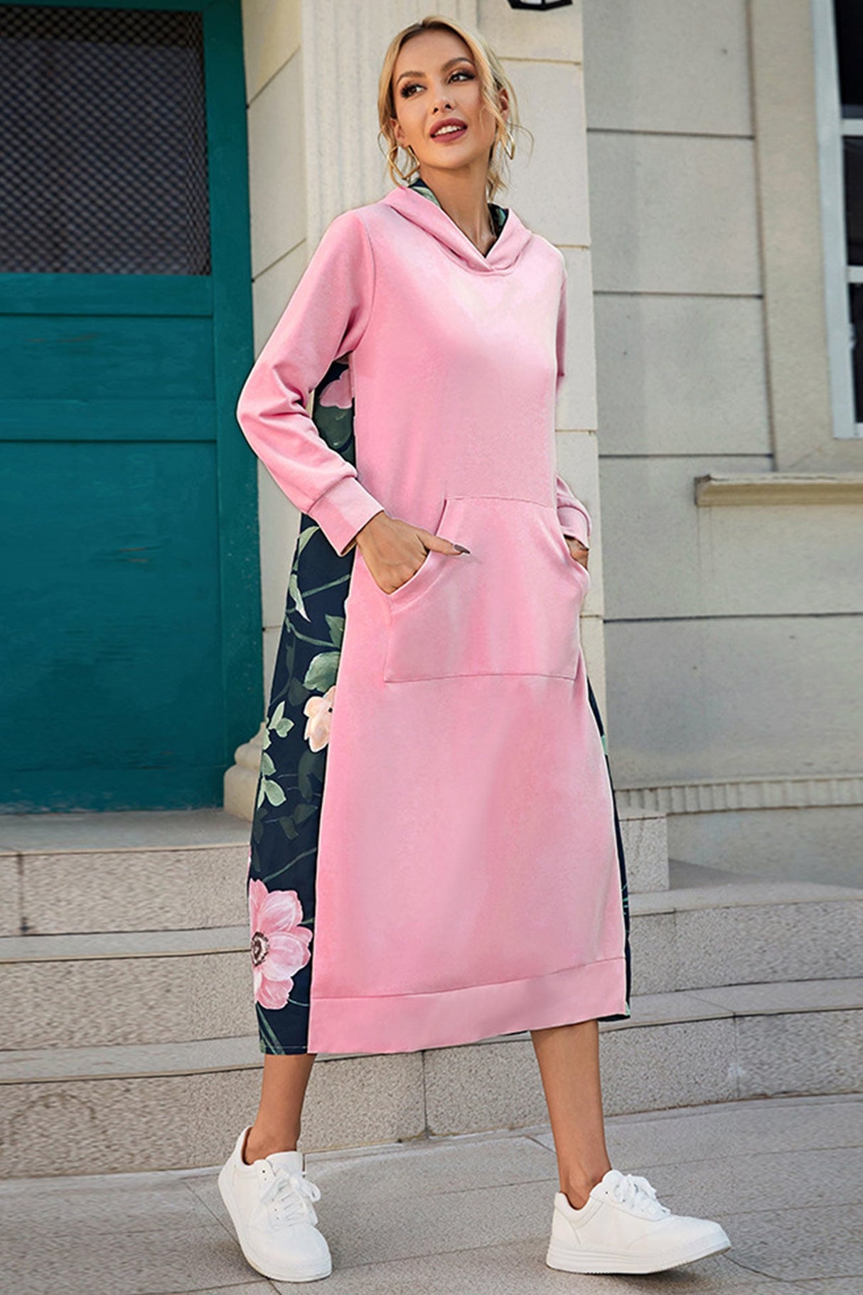 Arolora Back Floral Print Patchwork Cotton Long Hoodie