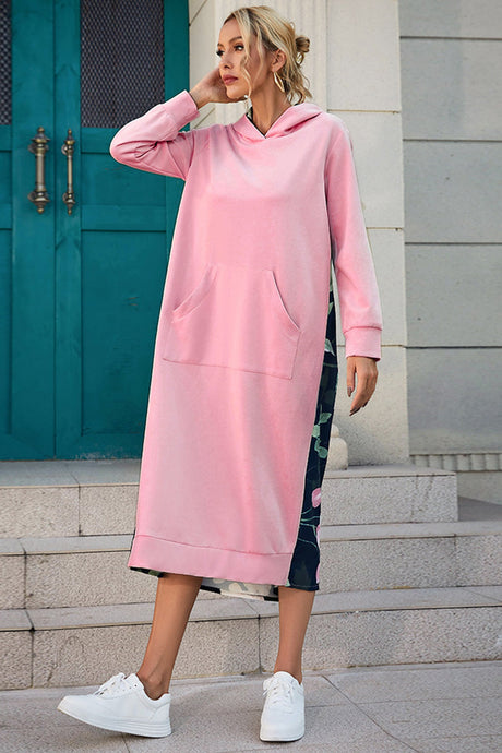 Arolora Back Floral Print Patchwork Cotton Long Hoodie