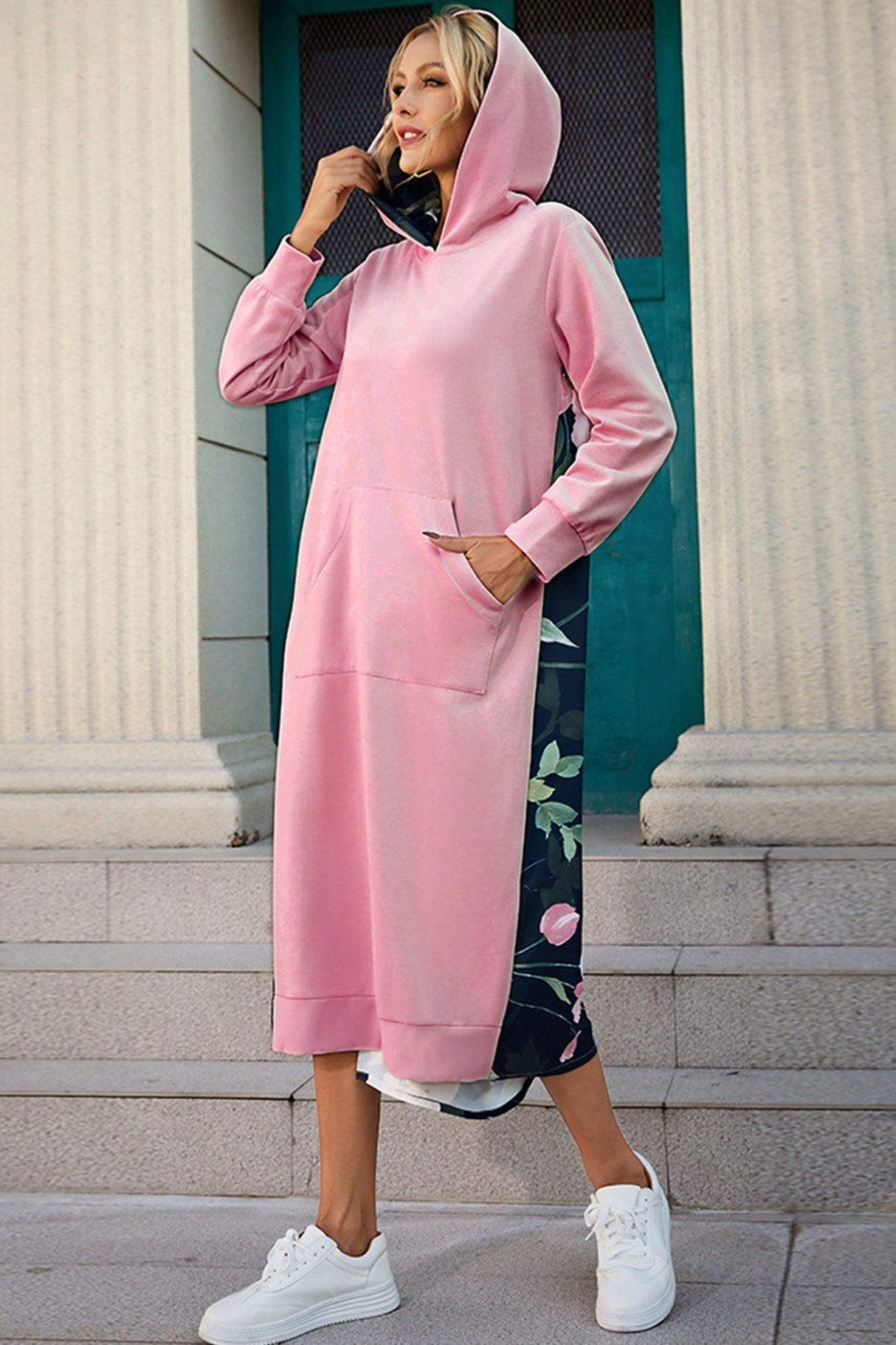 Arolora Back Floral Print Patchwork Cotton Long Hoodie