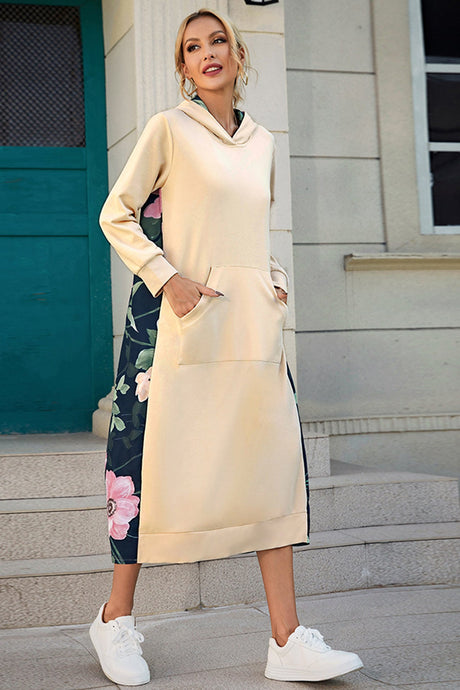 Arolora Back Floral Print Patchwork Cotton Long Hoodie