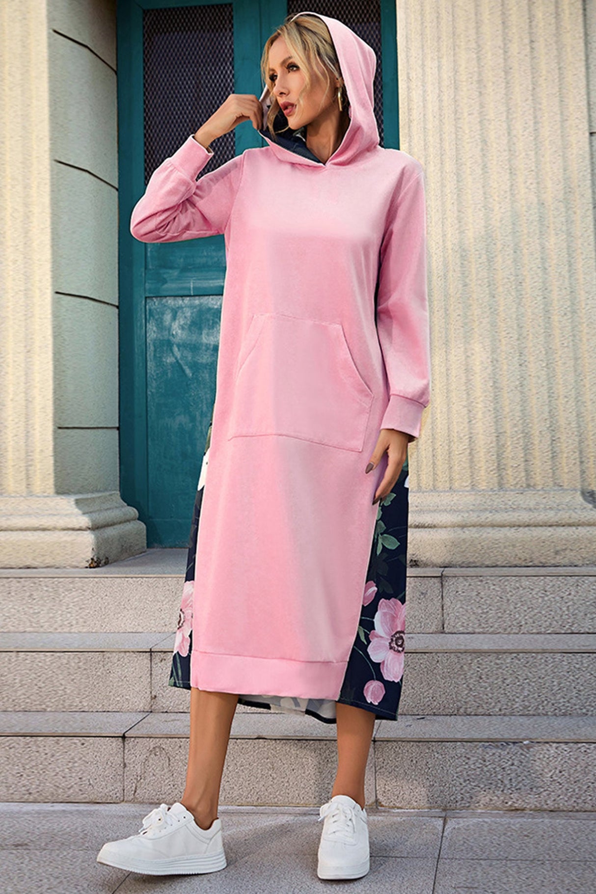 Arolora Back Floral Print Patchwork Cotton Long Hoodie