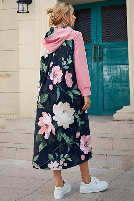 Arolora Back Floral Print Patchwork Cotton Long Hoodie