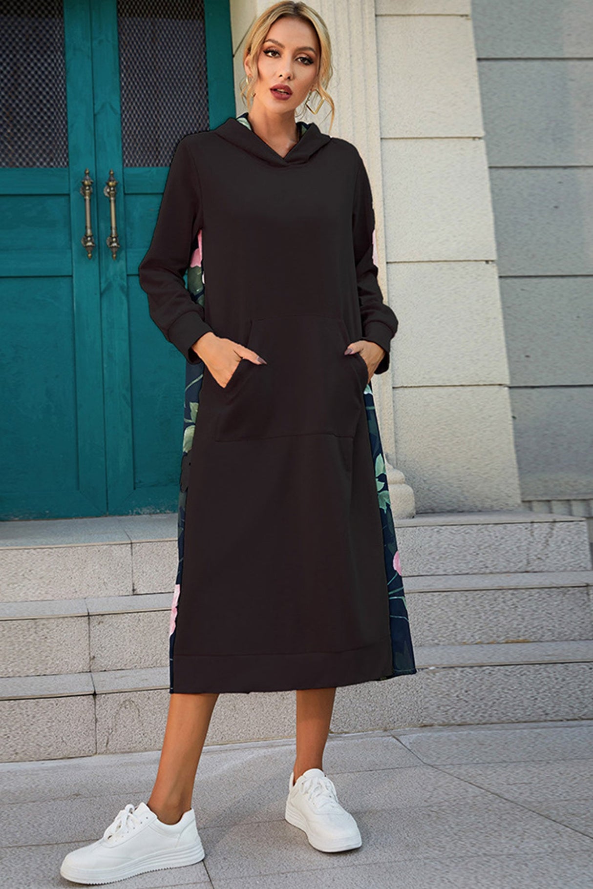 Arolora Back Floral Print Patchwork Cotton Long Hoodie