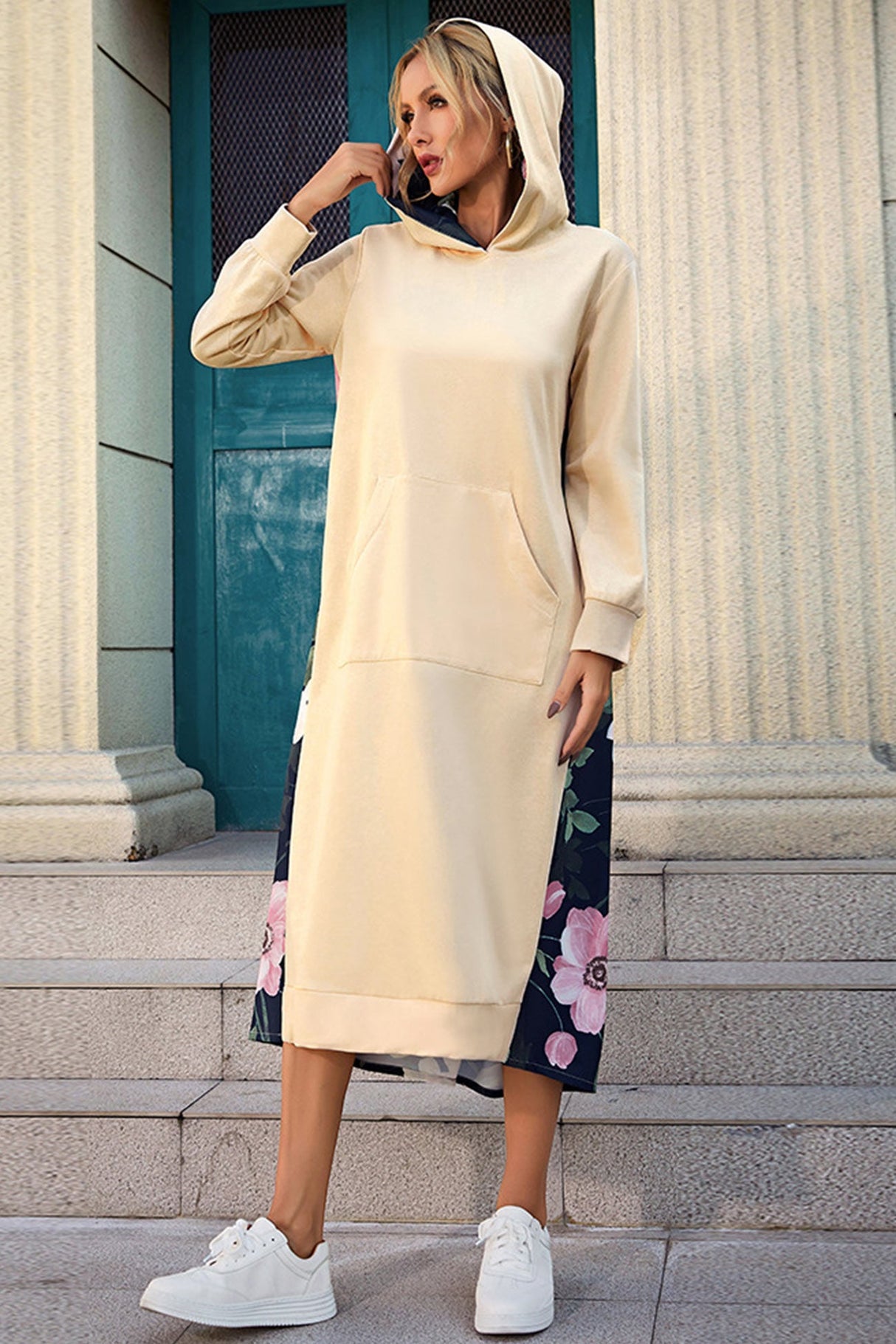 Arolora Back Floral Print Patchwork Cotton Long Hoodie