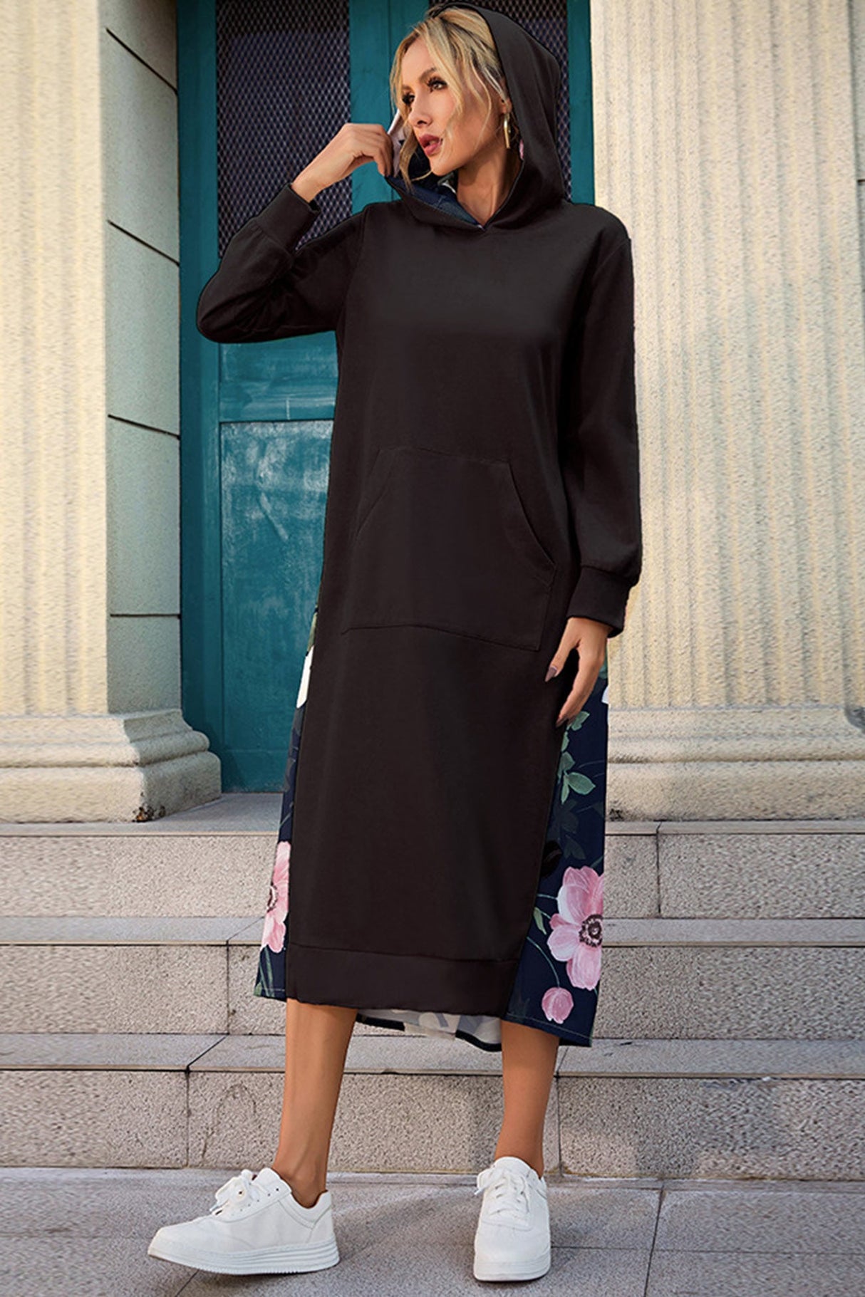 Arolora Back Floral Print Patchwork Cotton Long Hoodie