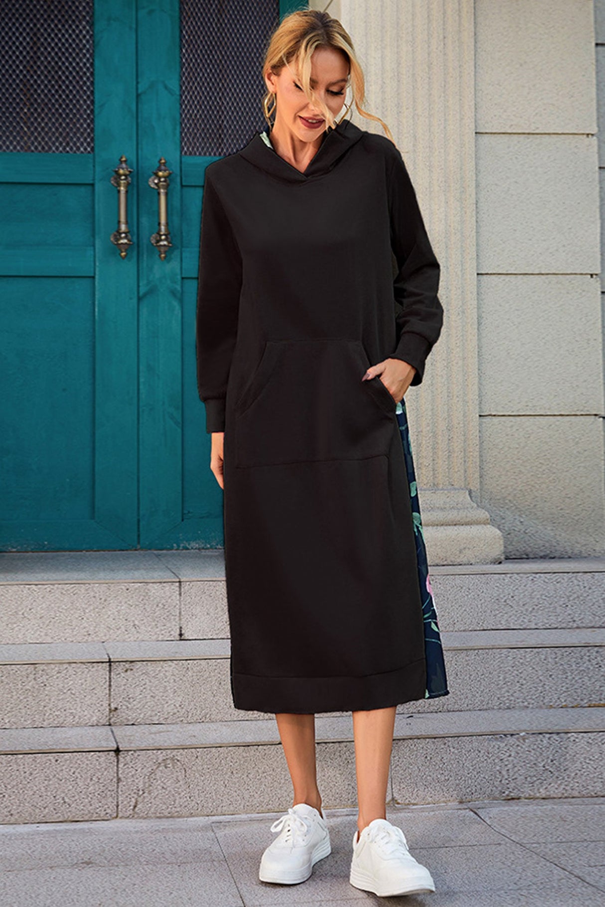 Arolora Back Floral Print Patchwork Cotton Long Hoodie