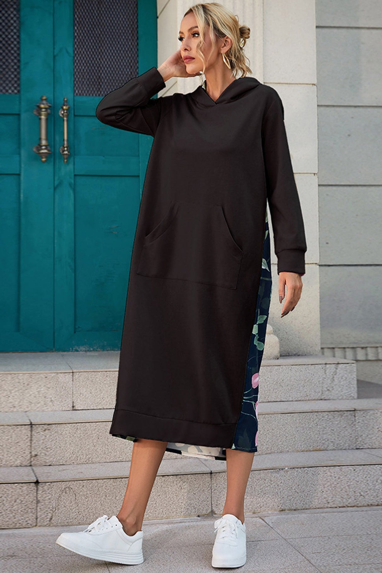 Arolora Back Floral Print Patchwork Cotton Long Hoodie