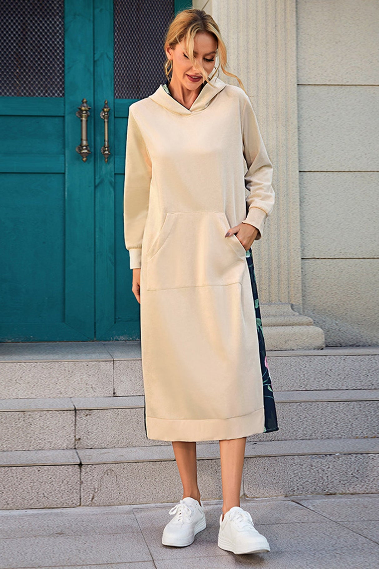 Arolora Back Floral Print Patchwork Cotton Long Hoodie