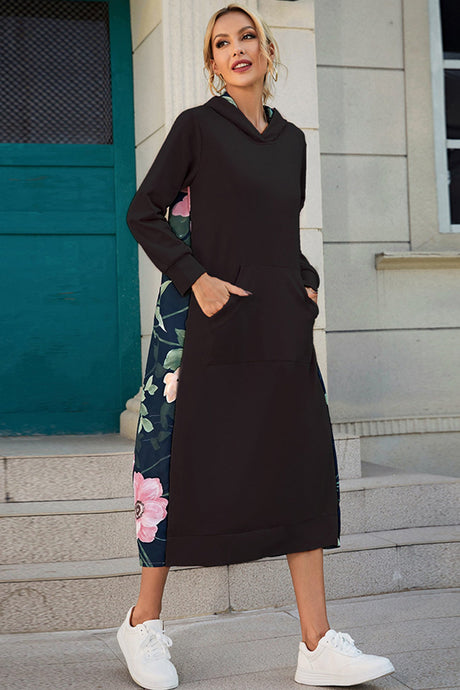 Arolora Back Floral Print Patchwork Cotton Long Hoodie