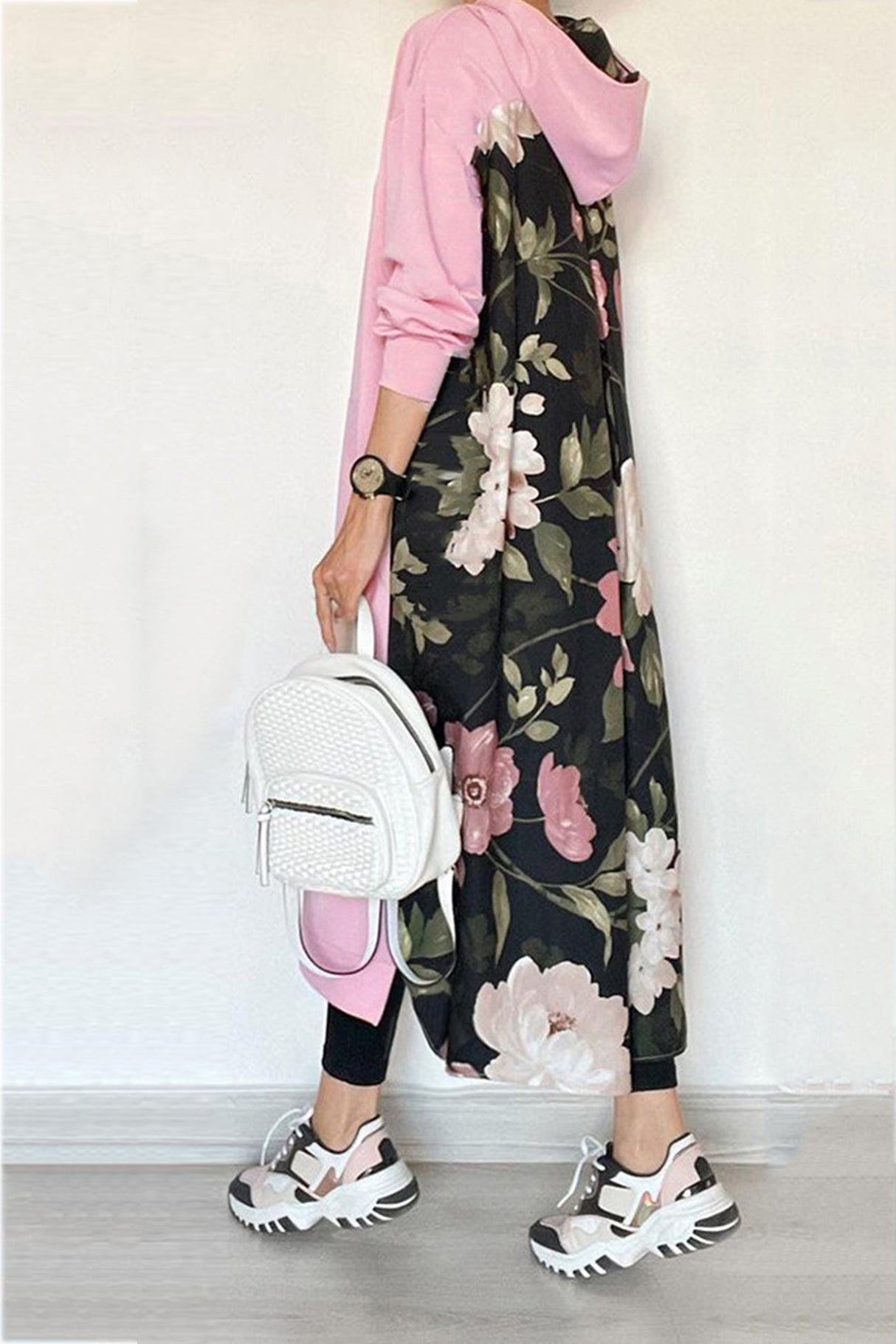 Arolora Back Floral Print Patchwork Cotton Long Hoodie