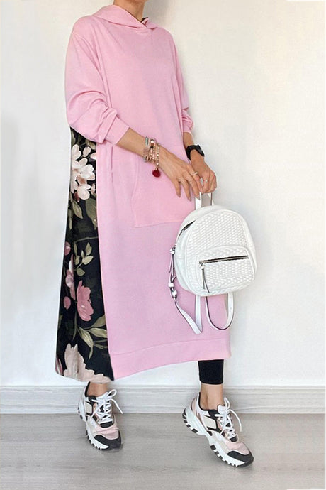 Arolora Back Floral Print Patchwork Cotton Long Hoodie