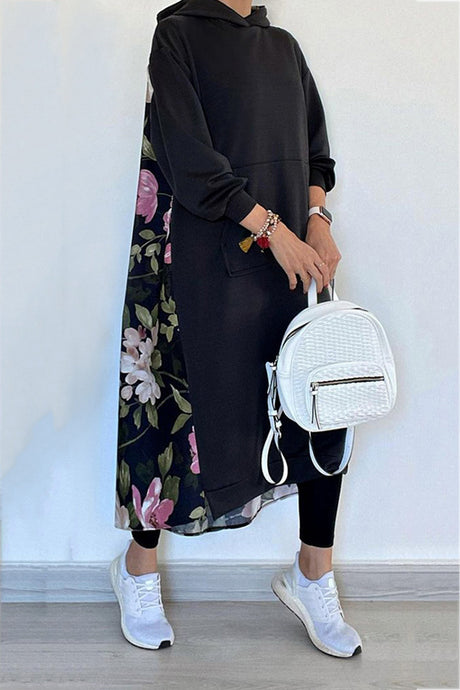 Arolora Back Floral Print Patchwork Cotton Long Hoodie