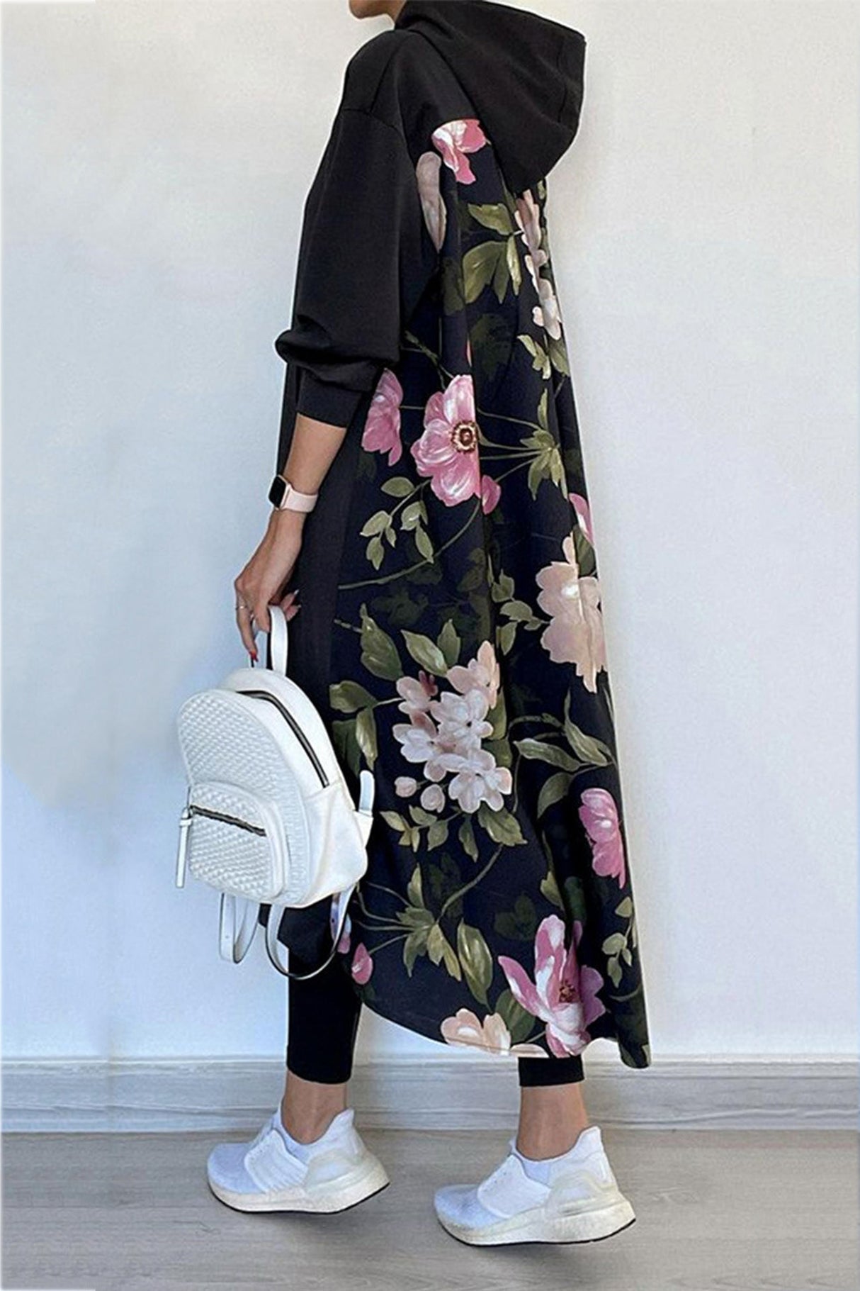 Arolora Back Floral Print Patchwork Cotton Long Hoodie