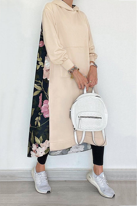 Arolora Back Floral Print Patchwork Cotton Long Hoodie