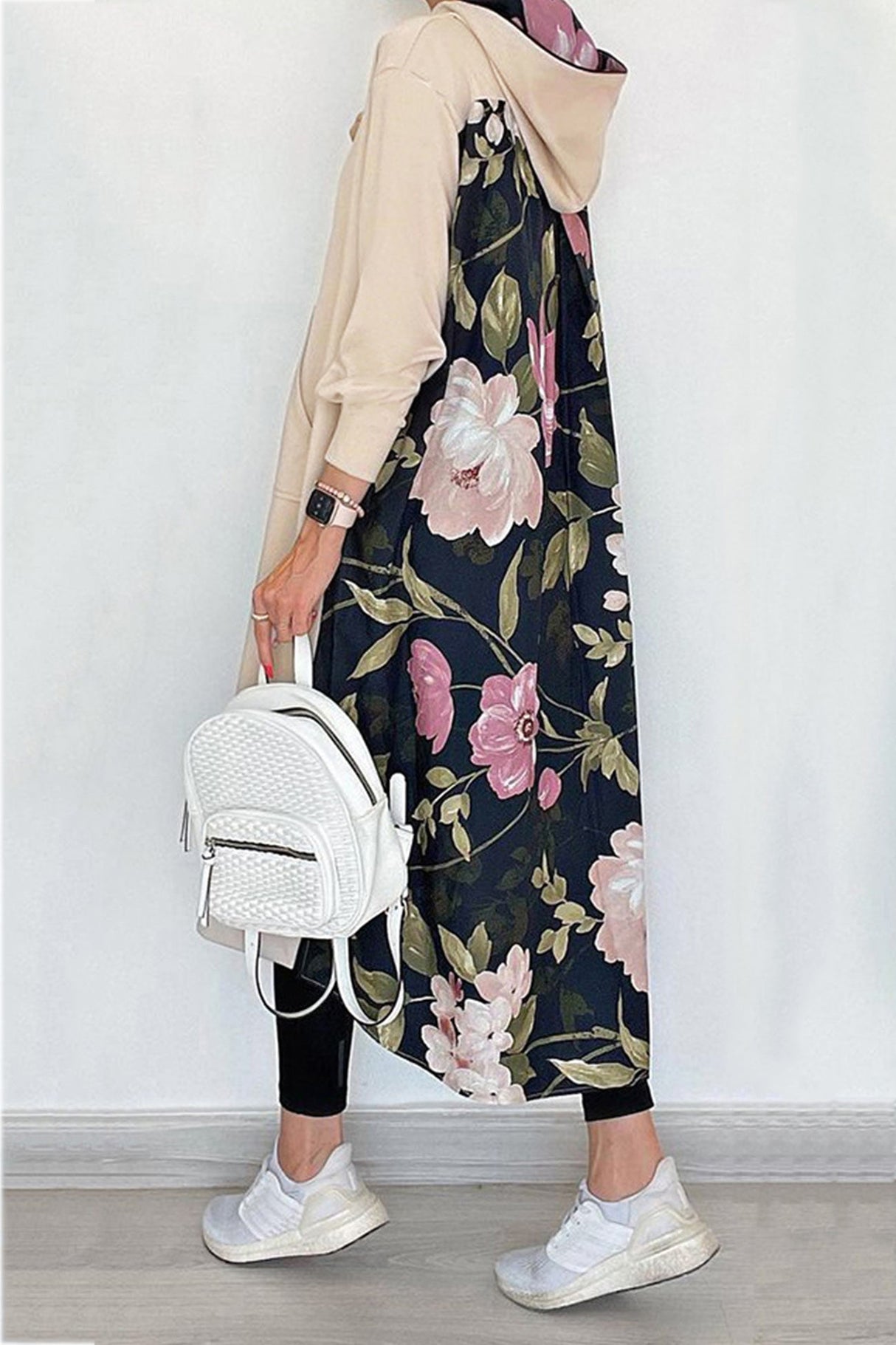 Arolora Back Floral Print Patchwork Cotton Long Hoodie