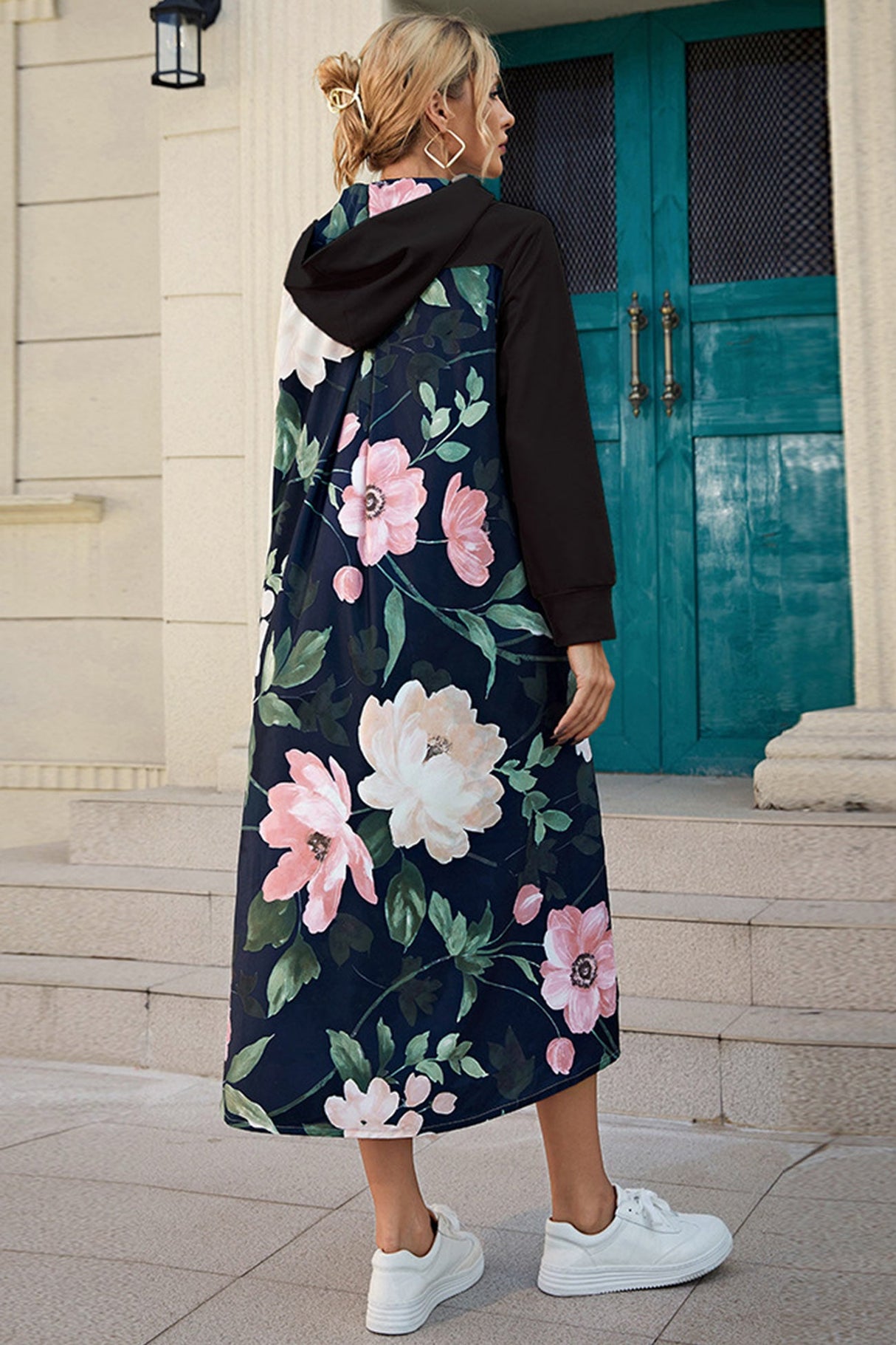 Arolora Back Floral Print Patchwork Cotton Long Hoodie