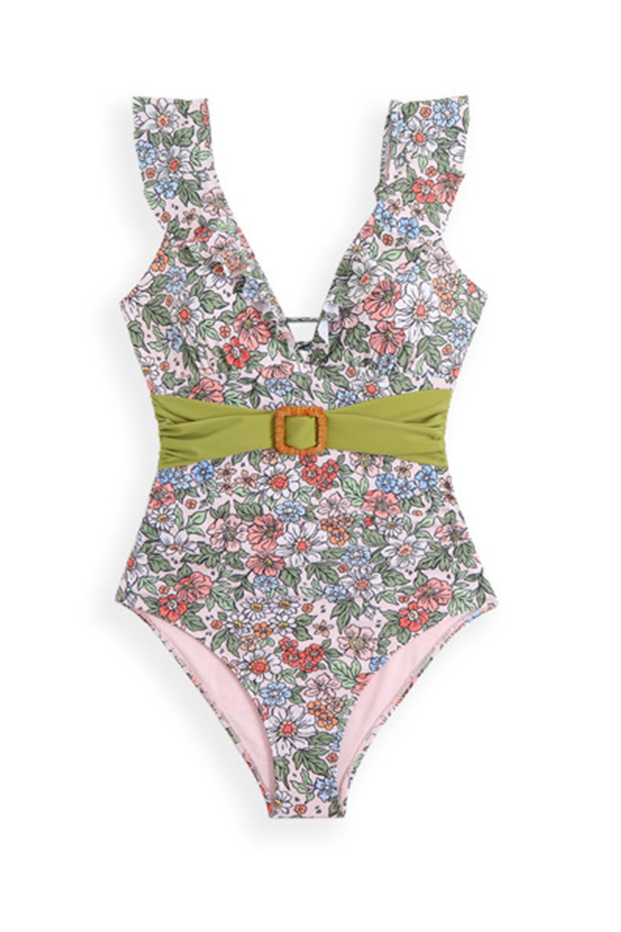 Arolora Back-Tie Ruffled Belted One-Piece Swimsuit