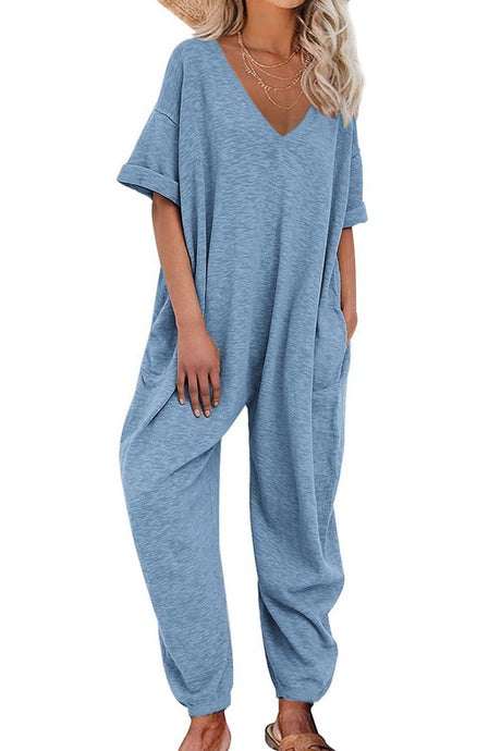Arolora cotton-solid-v-neck-loose-jumpsuits