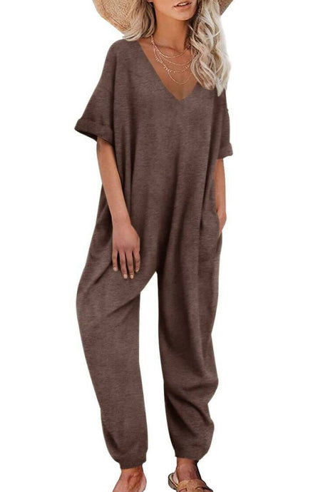 Arolora cotton-solid-v-neck-loose-jumpsuits