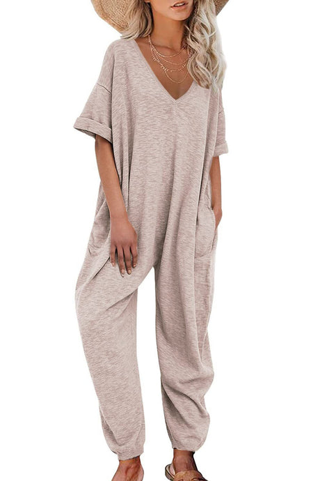 Arolora cotton-solid-v-neck-loose-jumpsuits