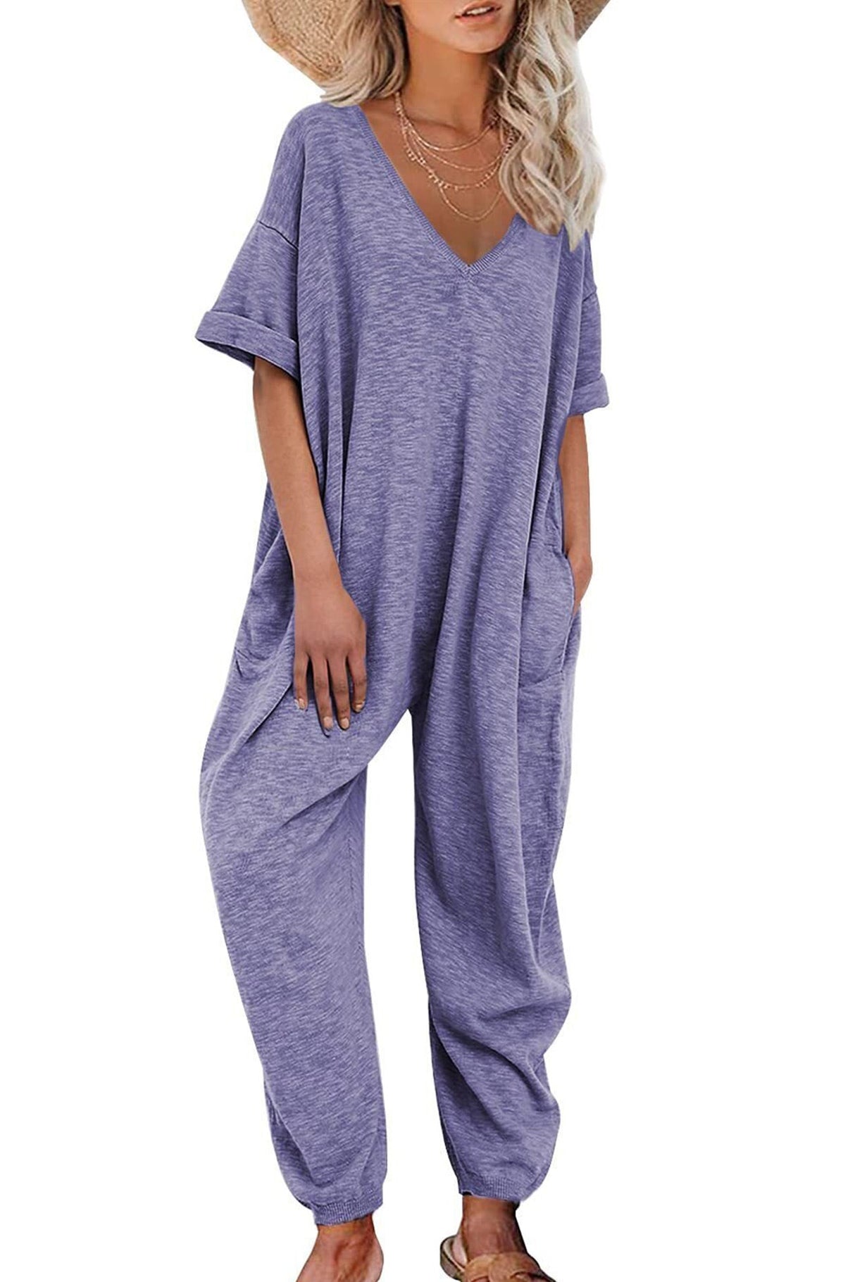 Arolora cotton-solid-v-neck-loose-jumpsuits