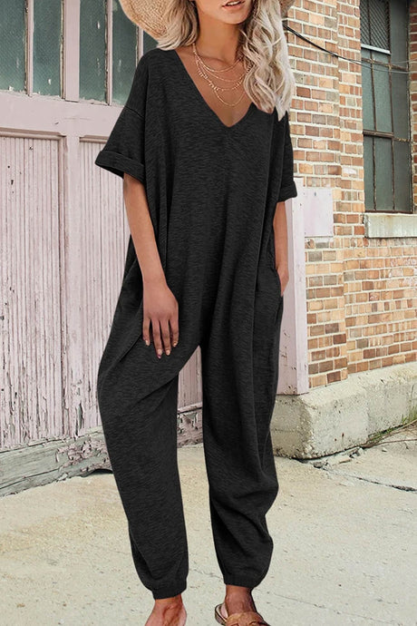 Arolora cotton-solid-v-neck-loose-jumpsuits