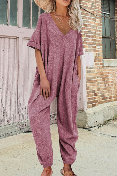 Arolora cotton-solid-v-neck-loose-jumpsuits