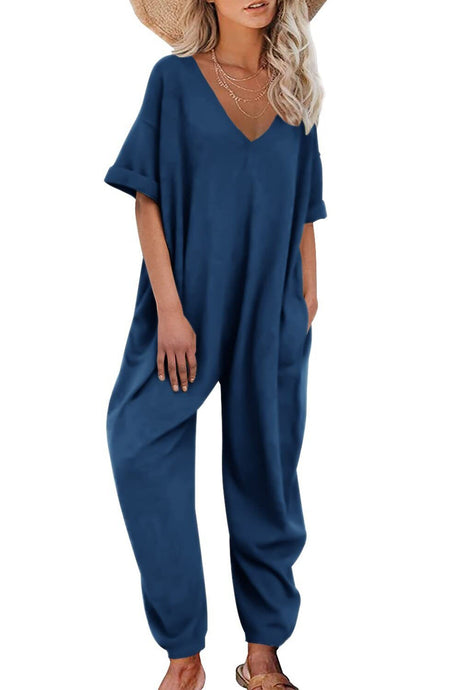 Arolora cotton-solid-v-neck-loose-jumpsuits