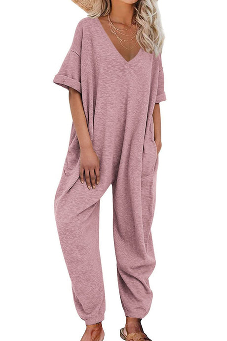 Arolora cotton-solid-v-neck-loose-jumpsuits