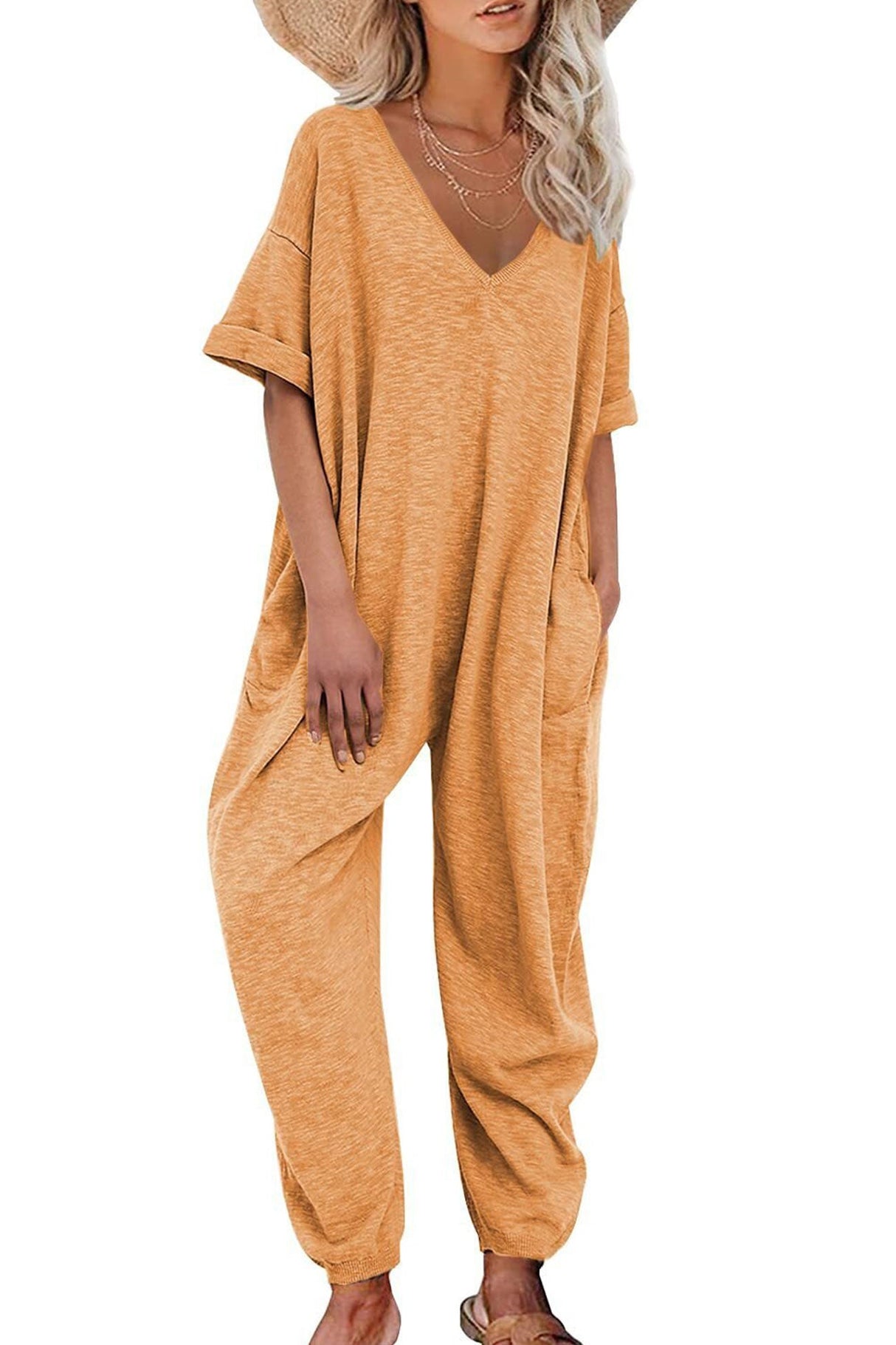 Arolora cotton-solid-v-neck-loose-jumpsuits