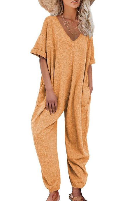Arolora cotton-solid-v-neck-loose-jumpsuits