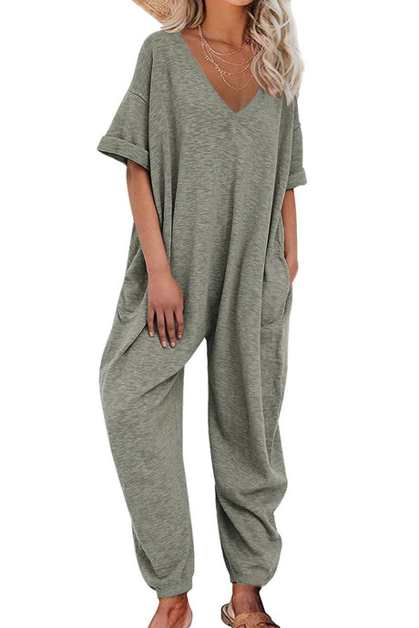 Arolora cotton-solid-v-neck-loose-jumpsuits