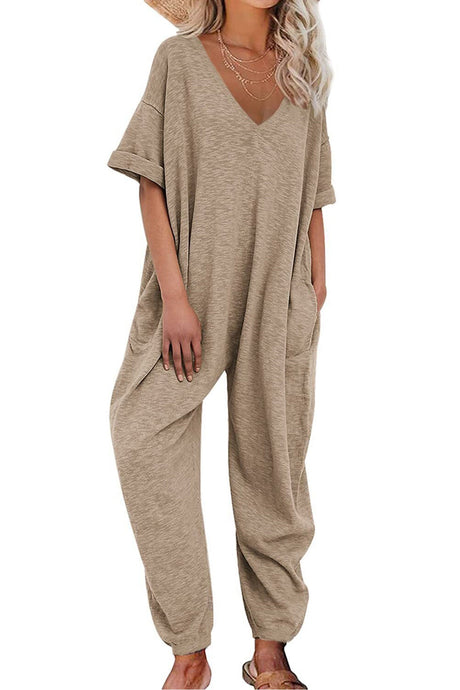 Arolora cotton-solid-v-neck-loose-jumpsuits
