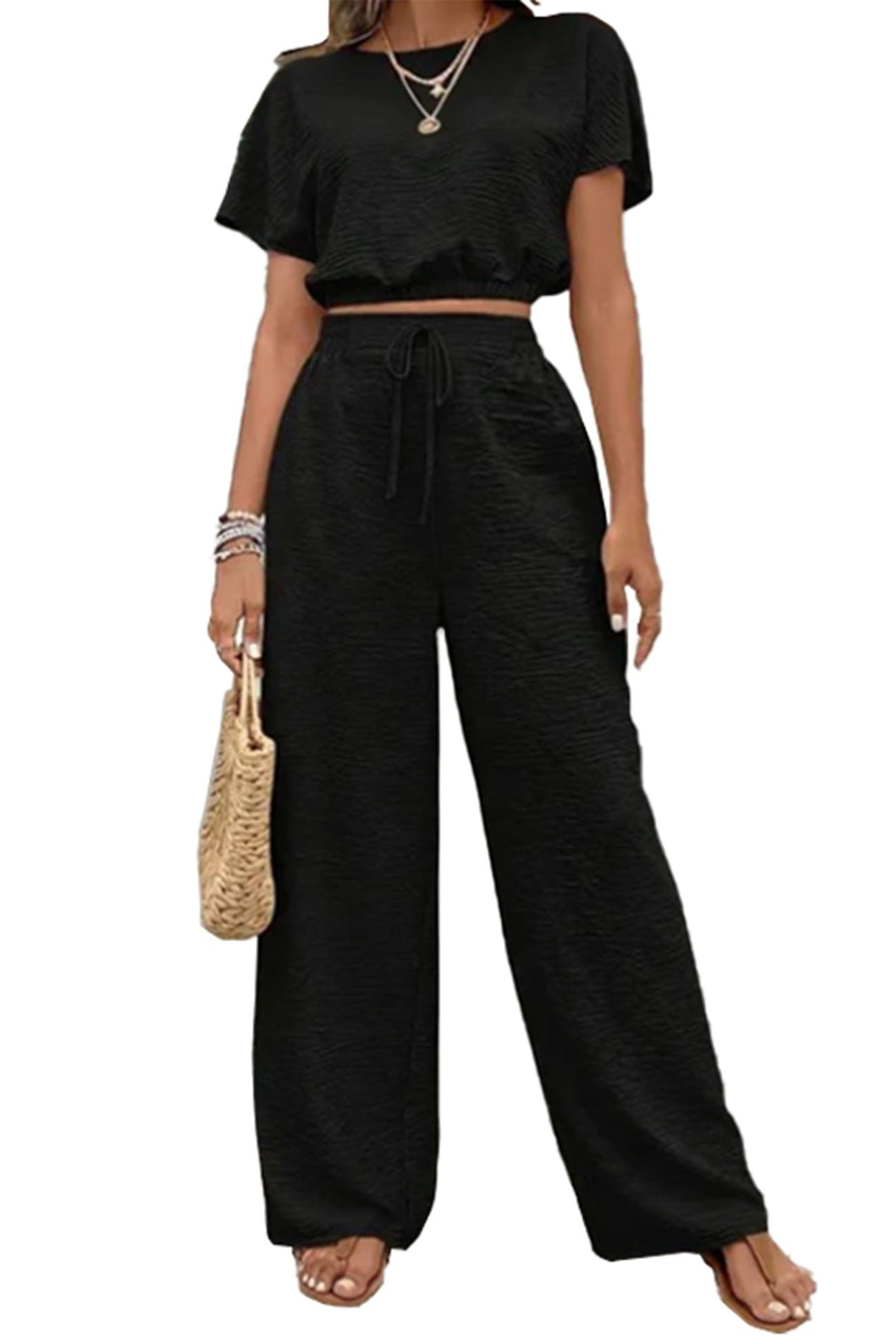 Arolora batwing-sleeve-drawstring-straight-long-pants-set