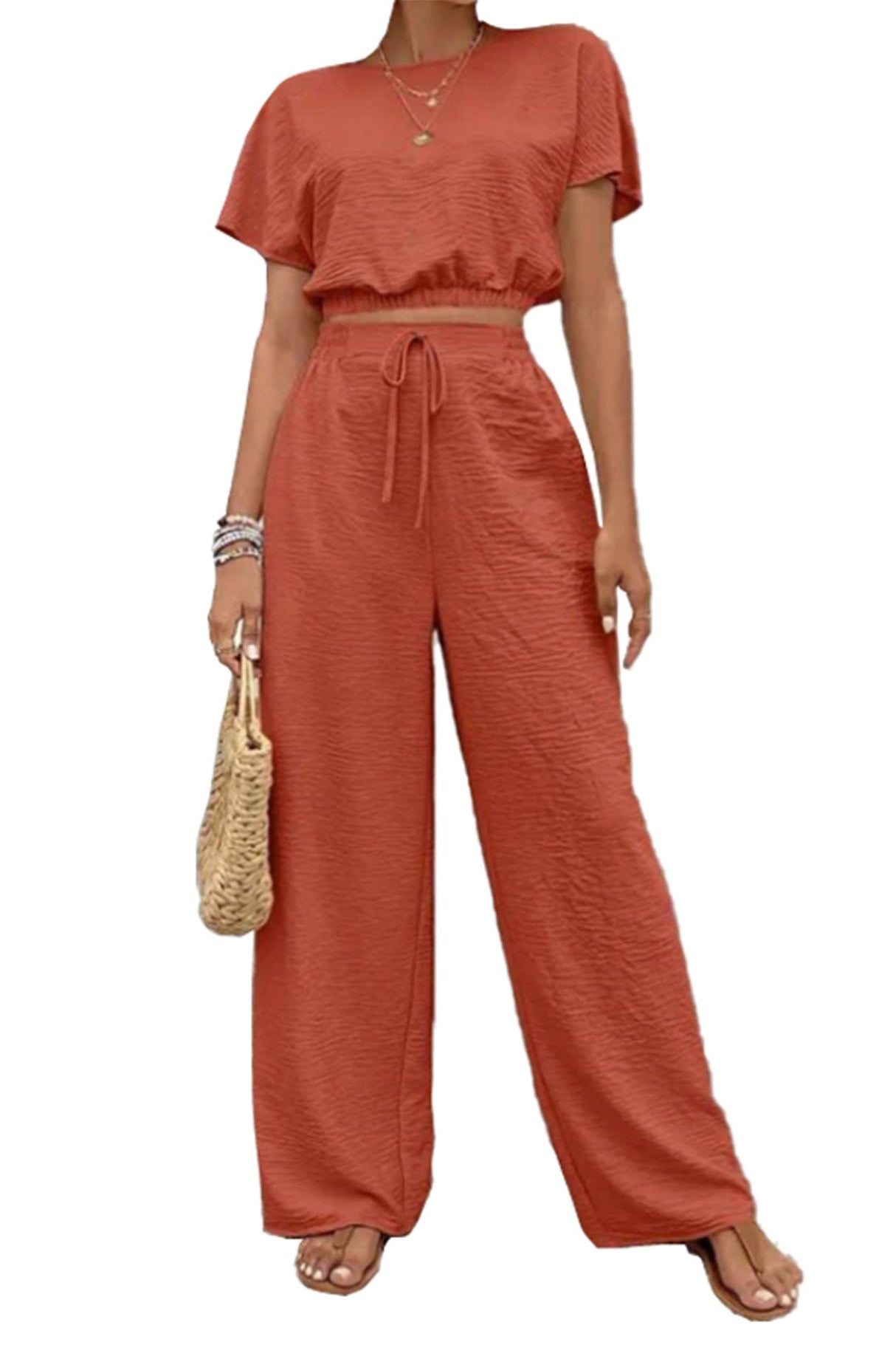 Arolora batwing-sleeve-drawstring-straight-long-pants-set