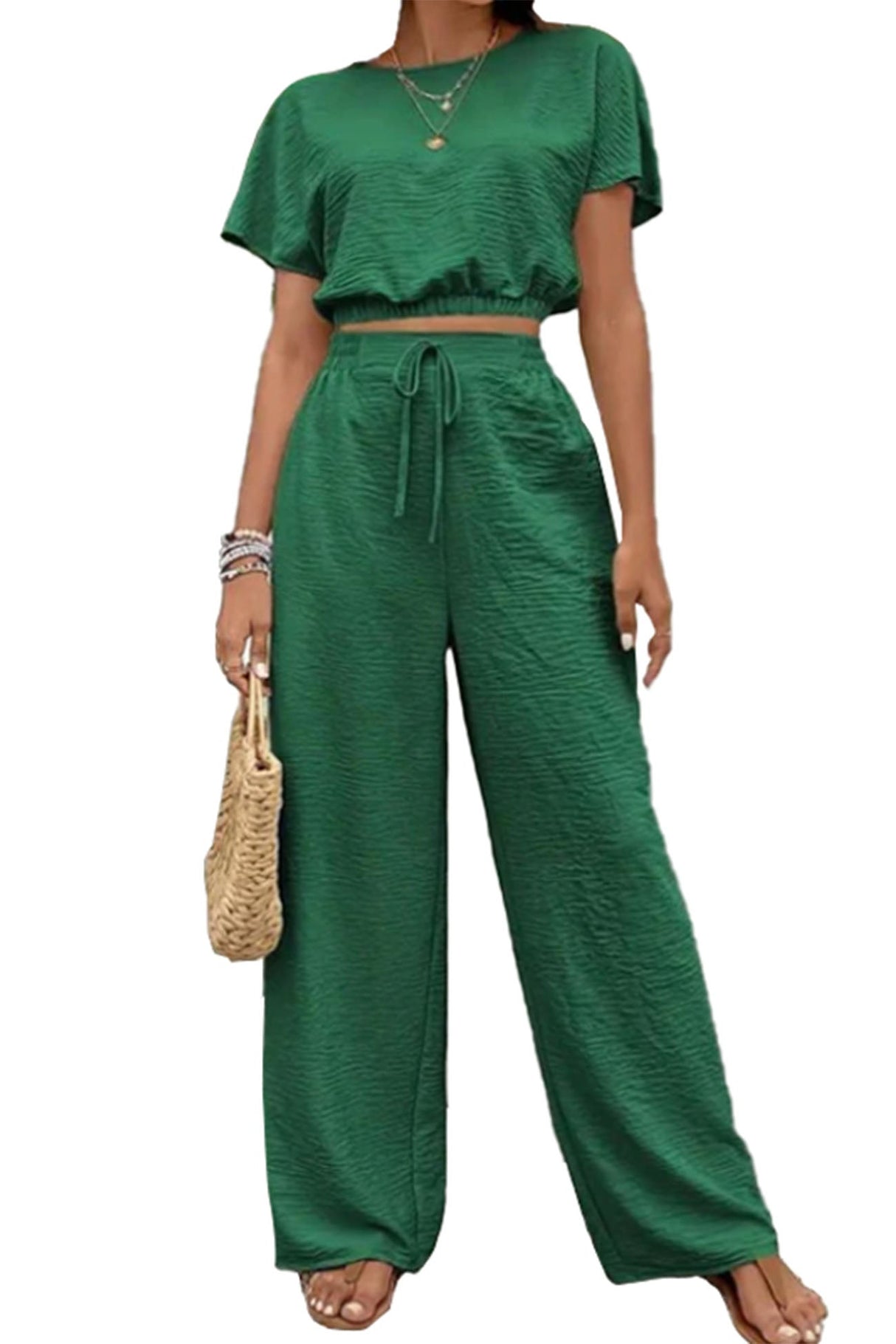 Arolora batwing-sleeve-drawstring-straight-long-pants-set