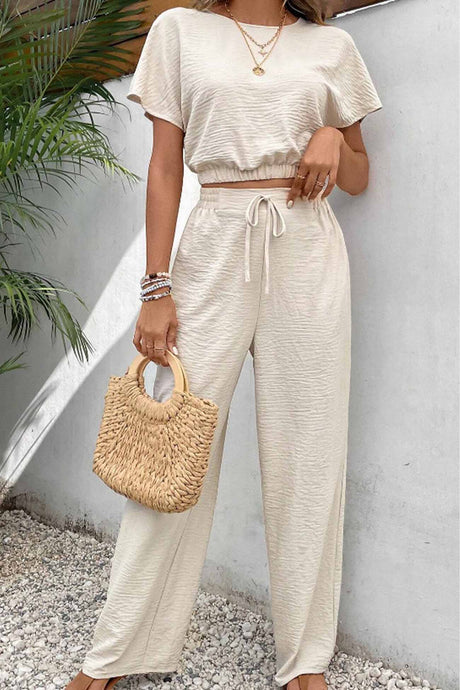 Arolora batwing-sleeve-drawstring-straight-long-pants-set