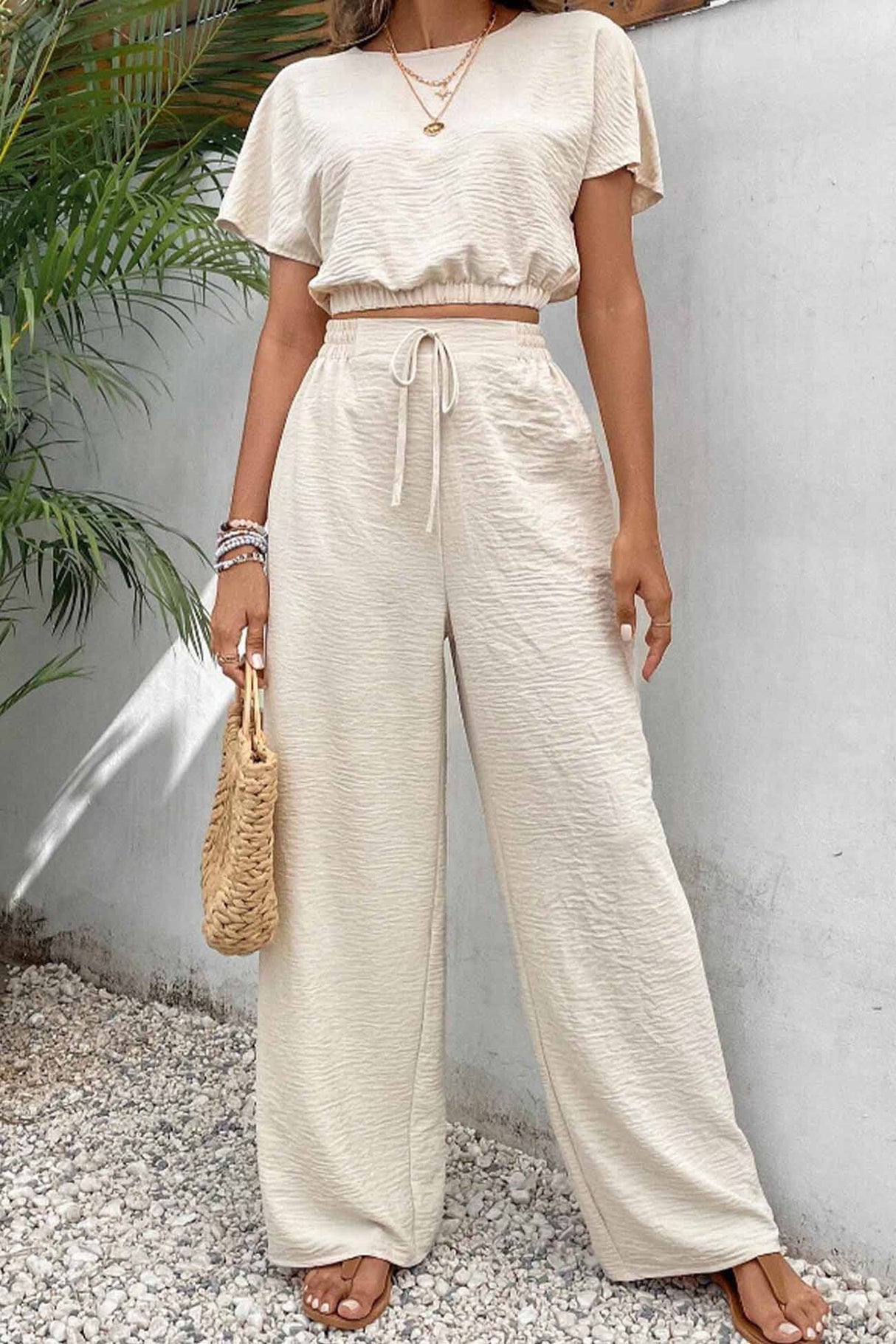 Arolora batwing-sleeve-drawstring-straight-long-pants-set