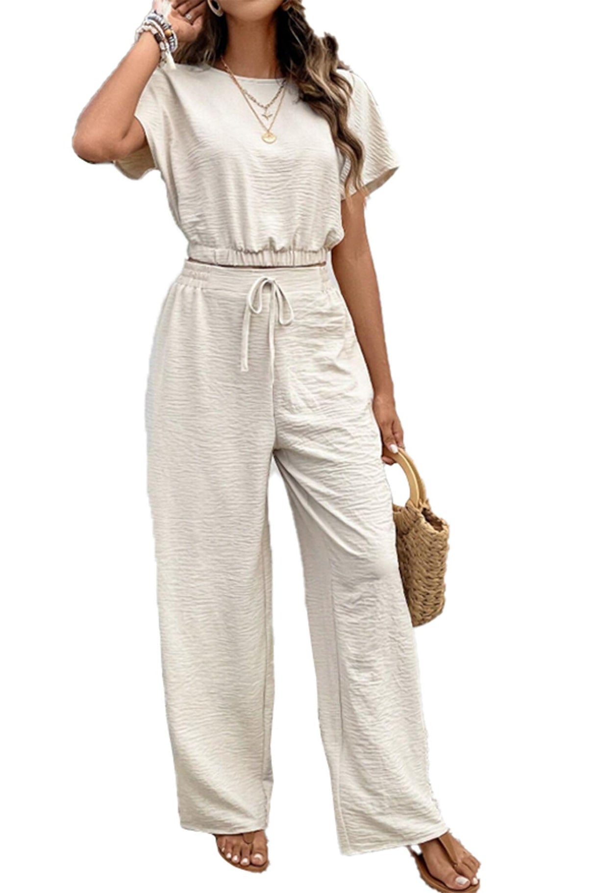 Arolora batwing-sleeve-drawstring-straight-long-pants-set