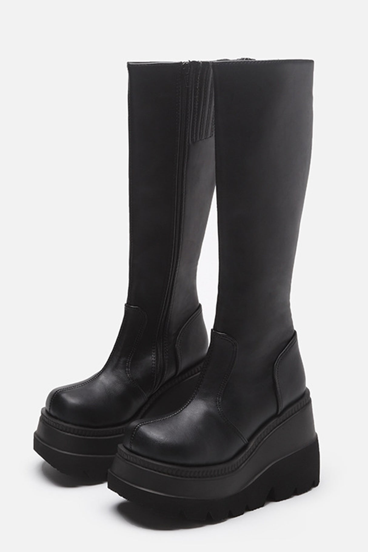 Black Kneel High Wedge Platform Boots