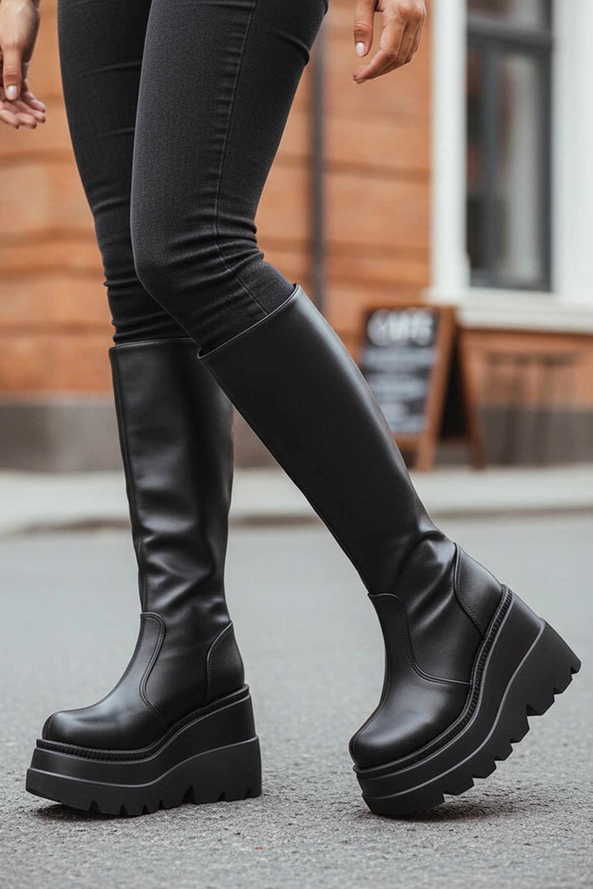 Black Kneel High Wedge Platform Boots