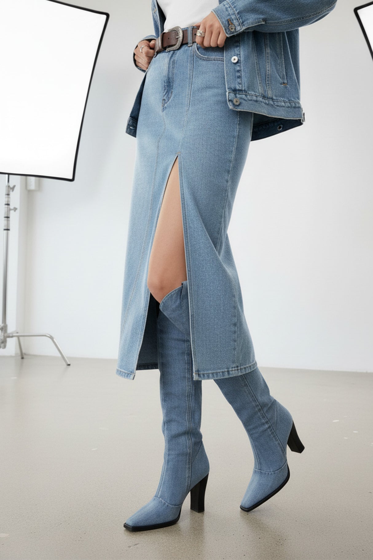 Blue Pointed-Toe Knee-High Denim Boots