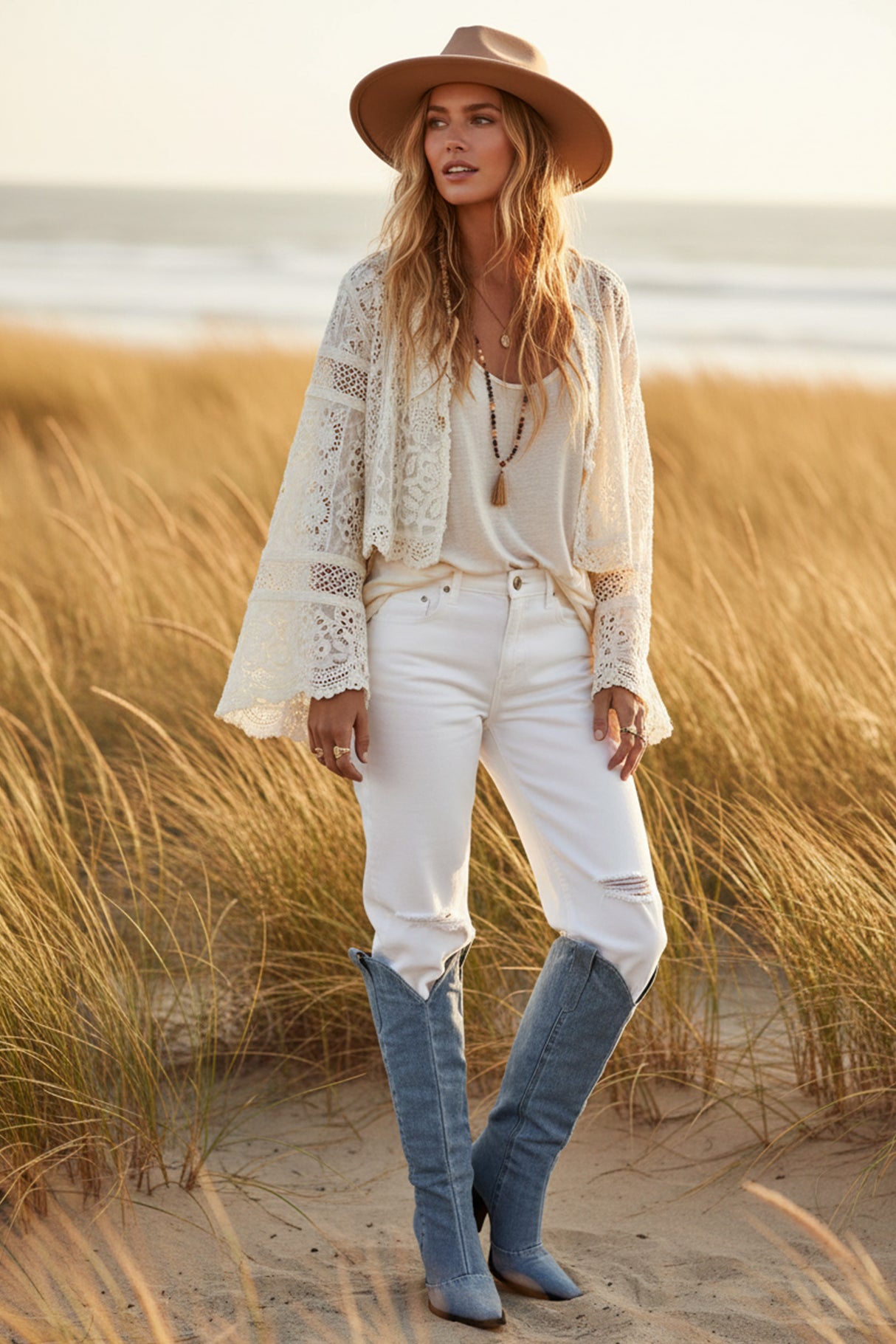 Blue Pointed-Toe Knee-High Denim Boots