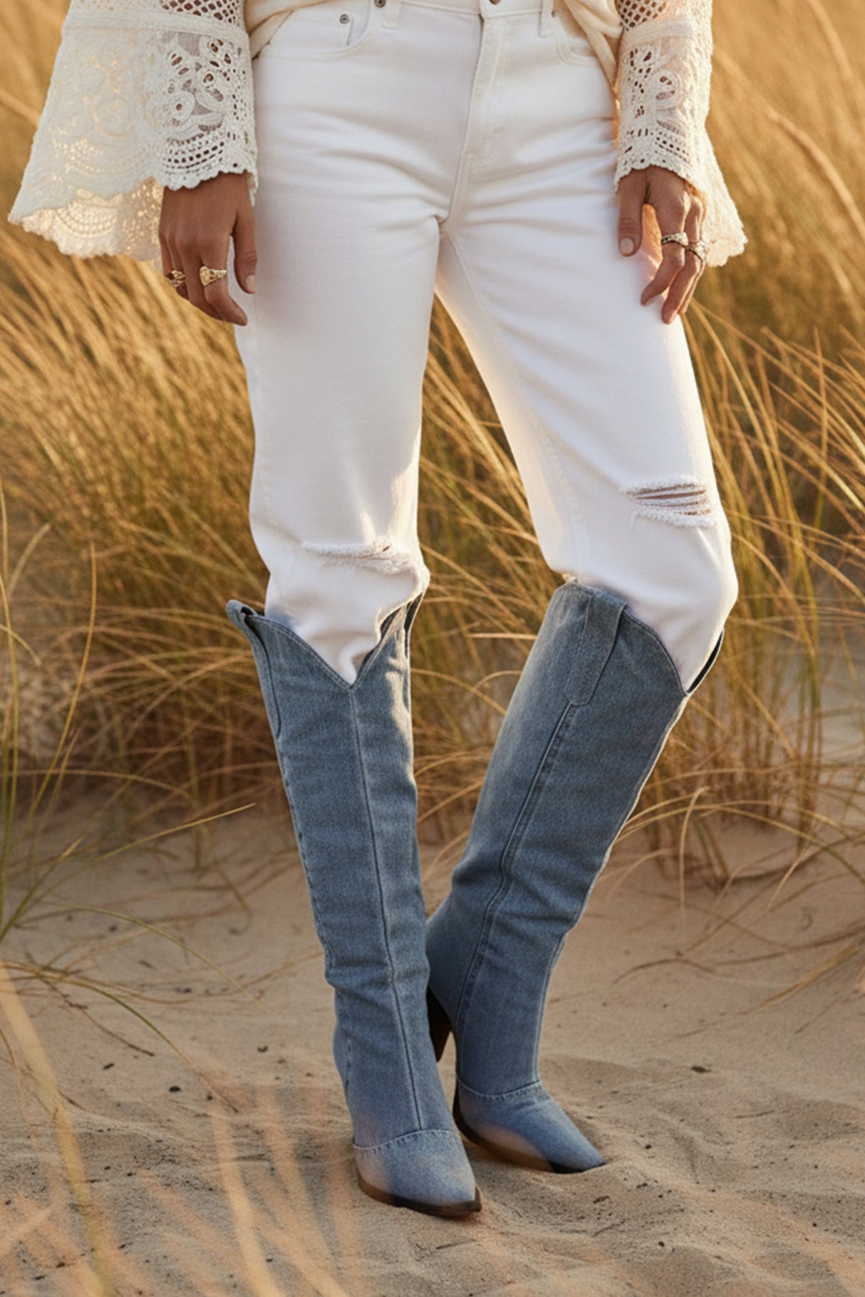 Blue Pointed-Toe Knee-High Denim Boots