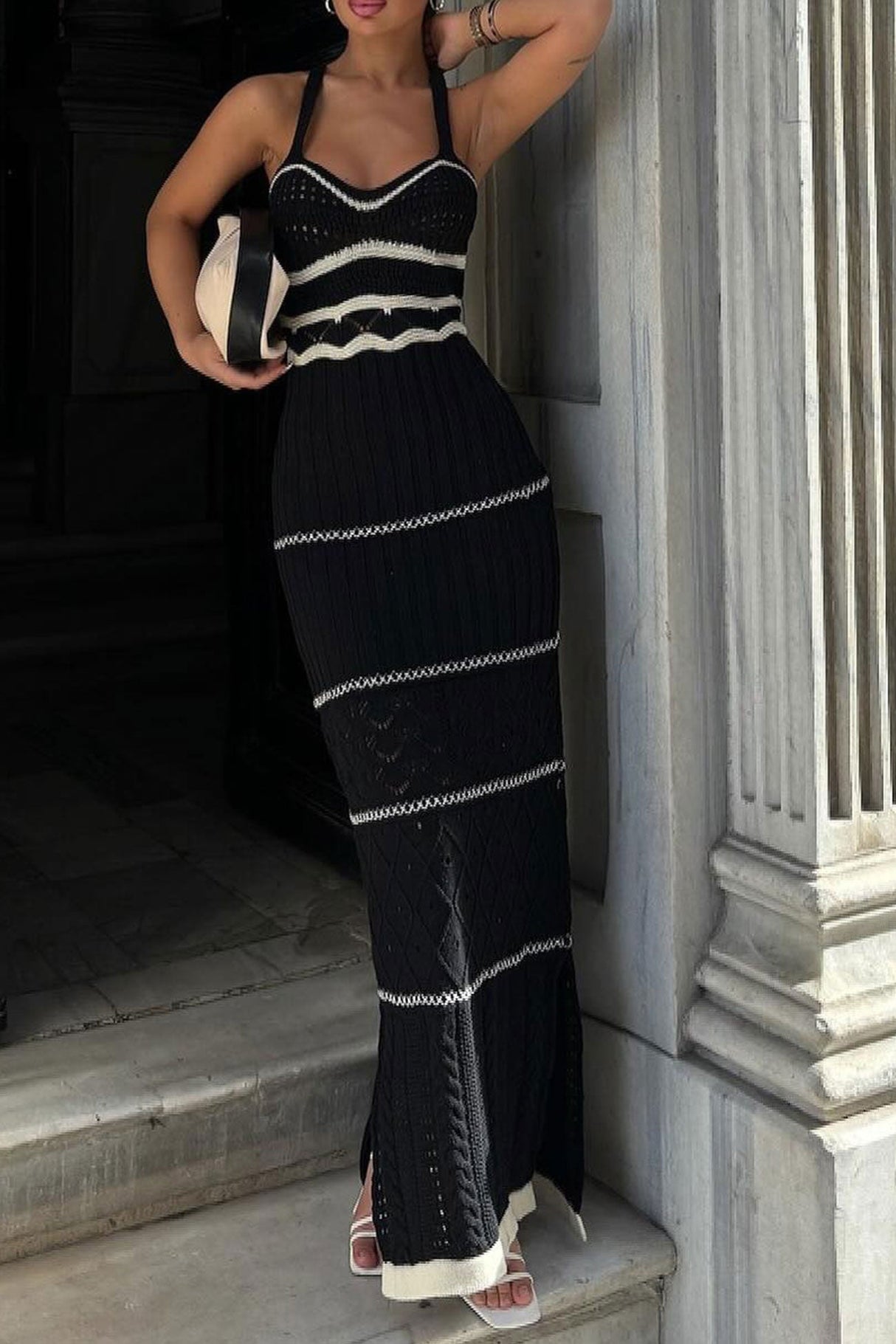 Arolora bohemia-contrast-knit-cotton-pack-hip-dress