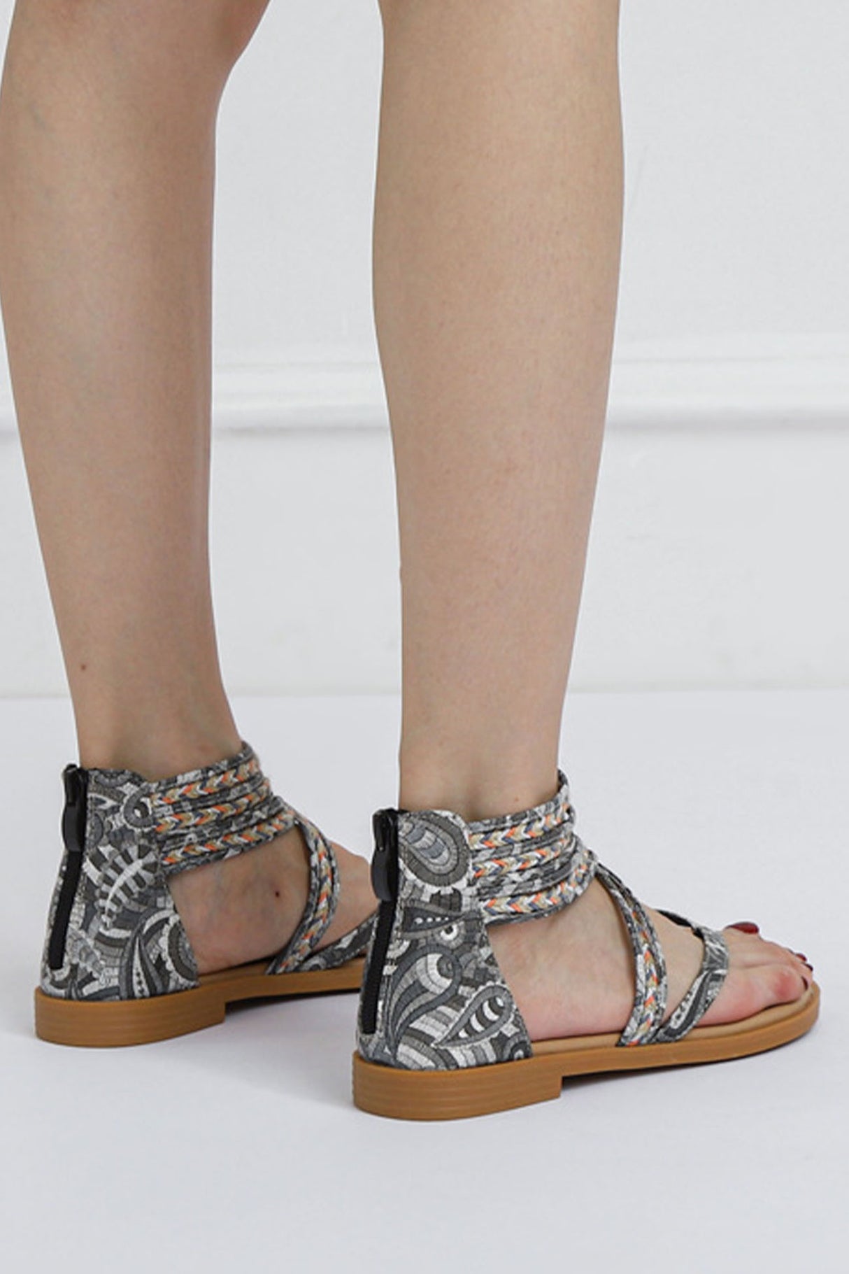 Bohemia Pattern Ankle Strap Zipper Thong Sandals