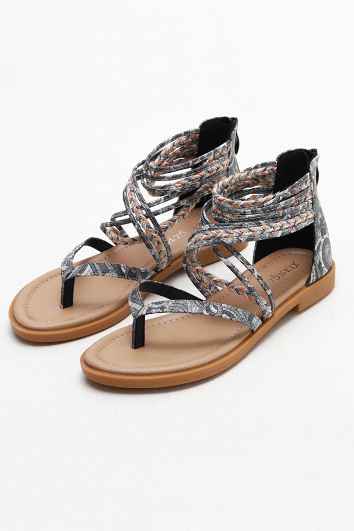 Bohemia Pattern Ankle Strap Zipper Thong Sandals