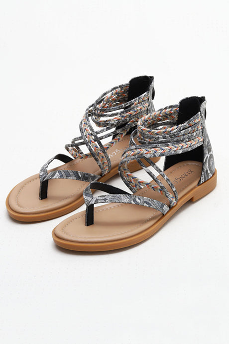 Bohemia Pattern Ankle Strap Zipper Thong Sandals