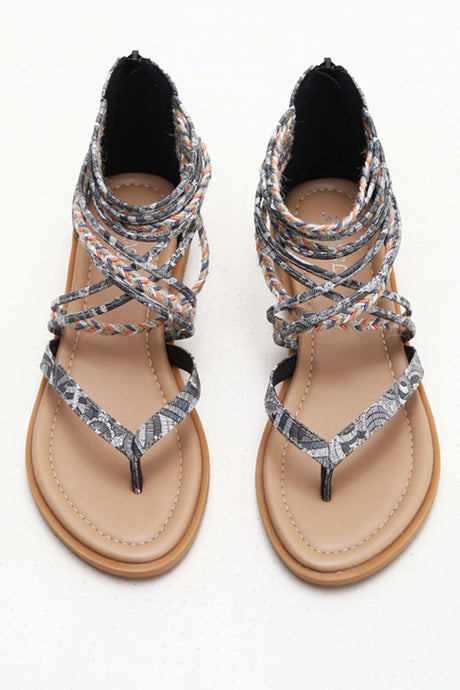 Bohemia Pattern Ankle Strap Zipper Thong Sandals