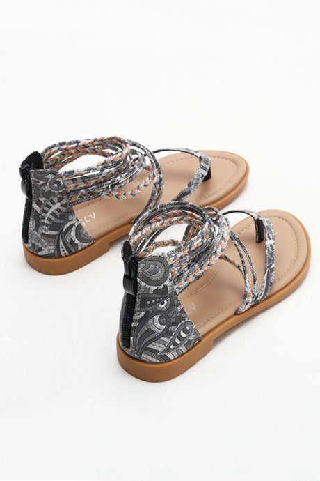 Bohemia Pattern Ankle Strap Zipper Thong Sandals